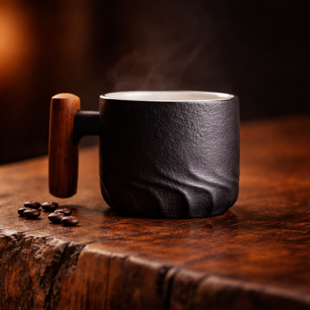 Ceramic retro coffee cup, office water cup, tea cup, wooden handle coffee cup, handmade tea coffee cup, birthday gift