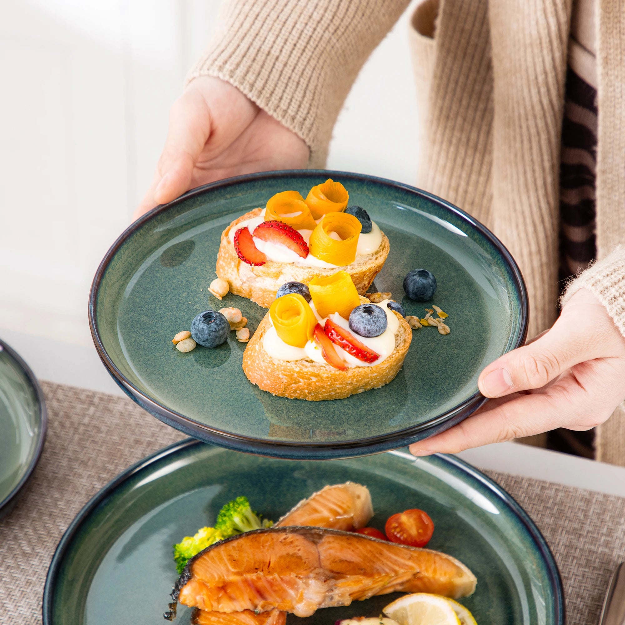 vancasso 12/18 Piece Green Reactive Glaze Dinnerware Set Scratch Resistant Stoneware Set with 4/6pcs Dinner plate/Dessert/Bowl