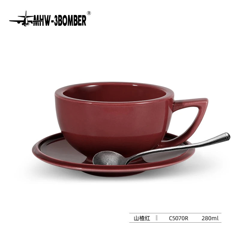 MHW-3BOMBER 280ml Ceramic Coffee Cup with Saucer & Spoon Set Art Latte Espresso Mug for Tea Cappuccino Home Kitchen Accessories
