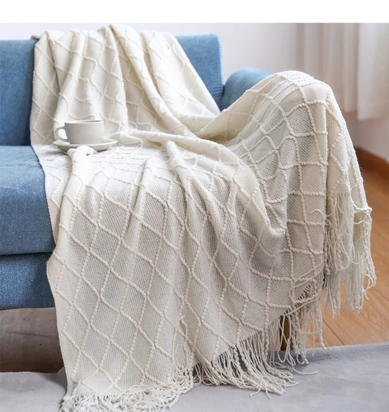 Nordic Knitted Throw Blankets with Tassels Khaki Cream Grey Vintage Blankets Luxury Bed Sofa Couch Oversized Bedspread Cover