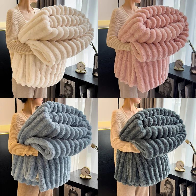 1pc Throw Blanket for Bed - 250GSM Soft & Warm Fluffy Blanket, Decorative Striped Blankets for Winter  Nap / Sleep