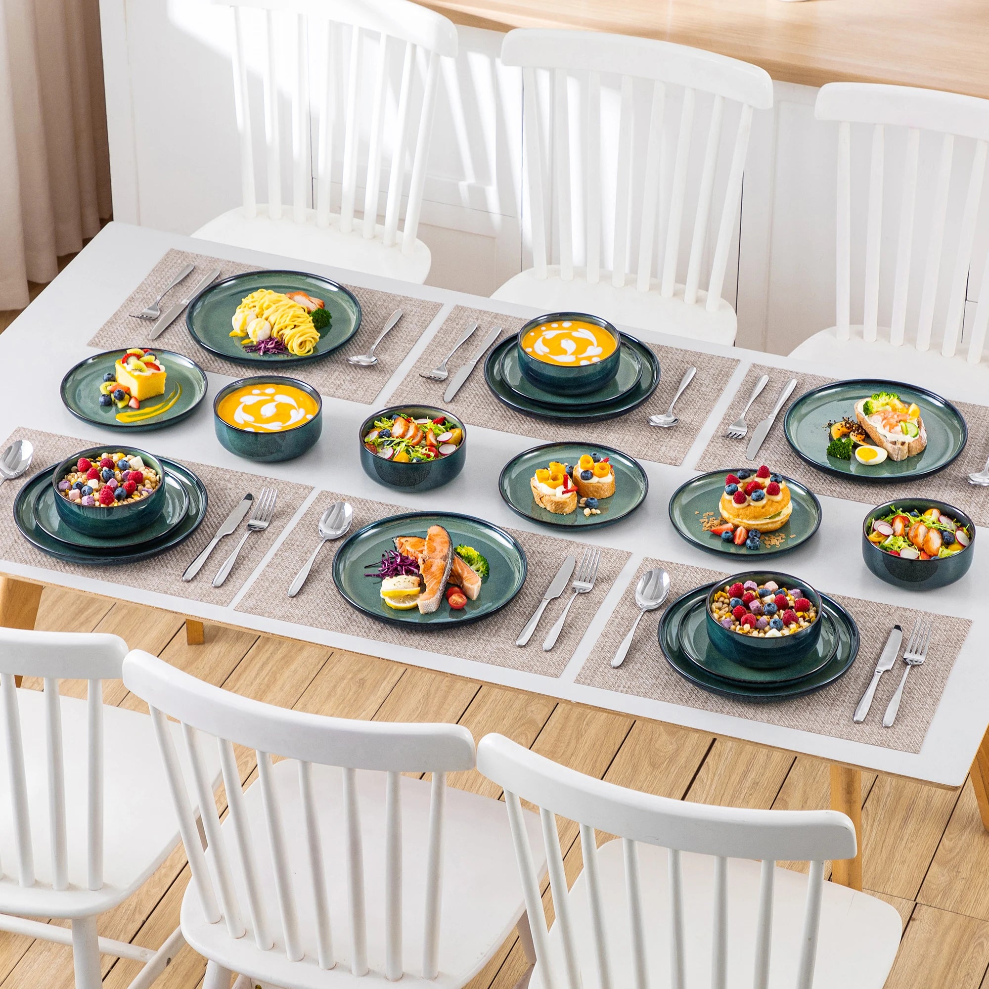 vancasso 12/18 Piece Green Reactive Glaze Dinnerware Set Scratch Resistant Stoneware Set with 4/6pcs Dinner plate/Dessert/Bowl