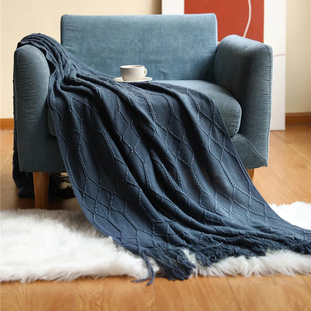 Nordic Knitted Throw Blankets with Tassels Khaki Cream Grey Vintage Blankets Luxury Bed Sofa Couch Oversized Bedspread Cover
