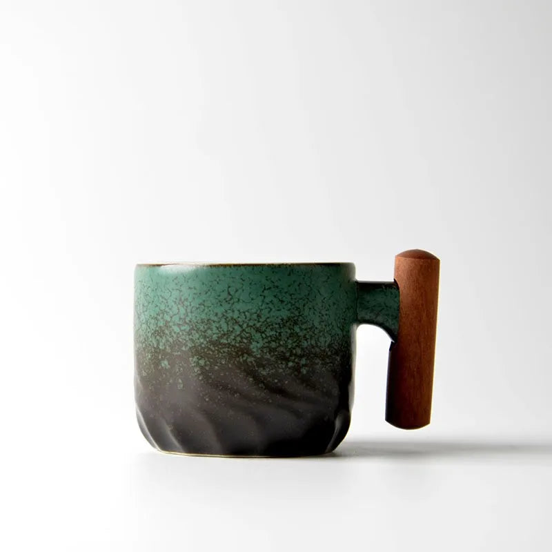 Ceramic retro coffee cup, office water cup, tea cup, wooden handle coffee cup, handmade tea coffee cup, birthday gift