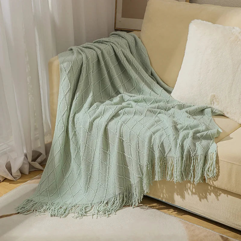 Nordic Knitted Throw Blankets with Tassels Khaki Cream Grey Vintage Blankets Luxury Bed Sofa Couch Oversized Bedspread Cover