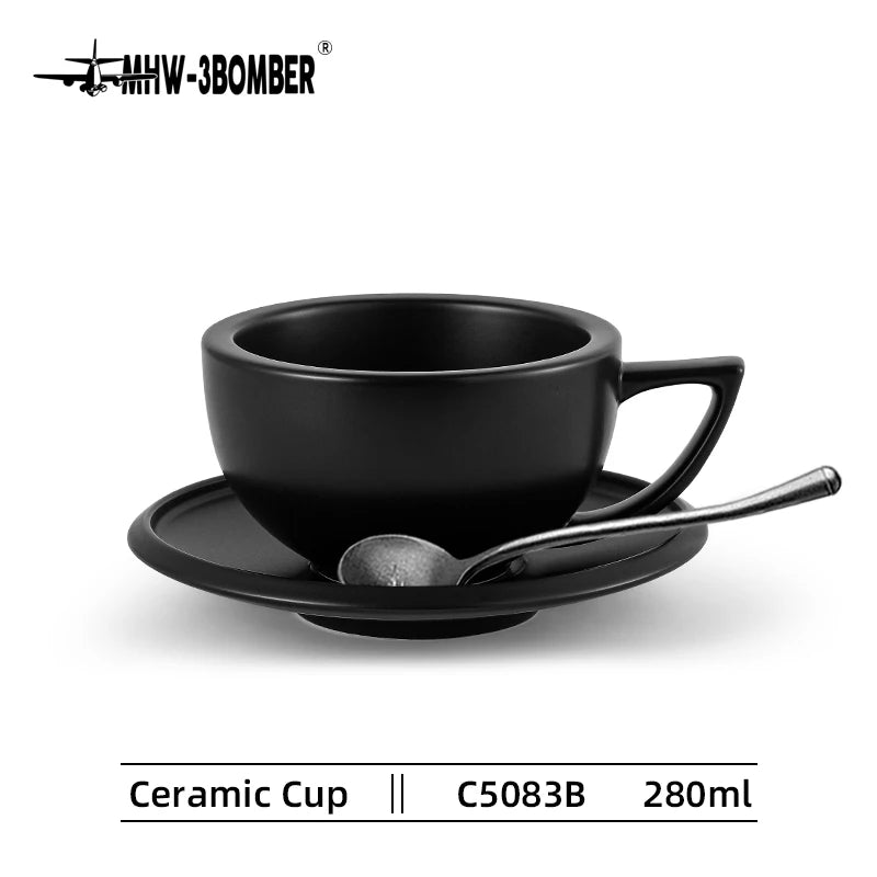 MHW-3BOMBER 280ml Ceramic Coffee Cup with Saucer & Spoon Set Art Latte Espresso Mug for Tea Cappuccino Home Kitchen Accessories