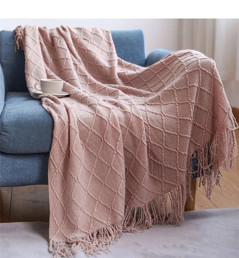 Nordic Knitted Throw Blankets with Tassels Khaki Cream Grey Vintage Blankets Luxury Bed Sofa Couch Oversized Bedspread Cover