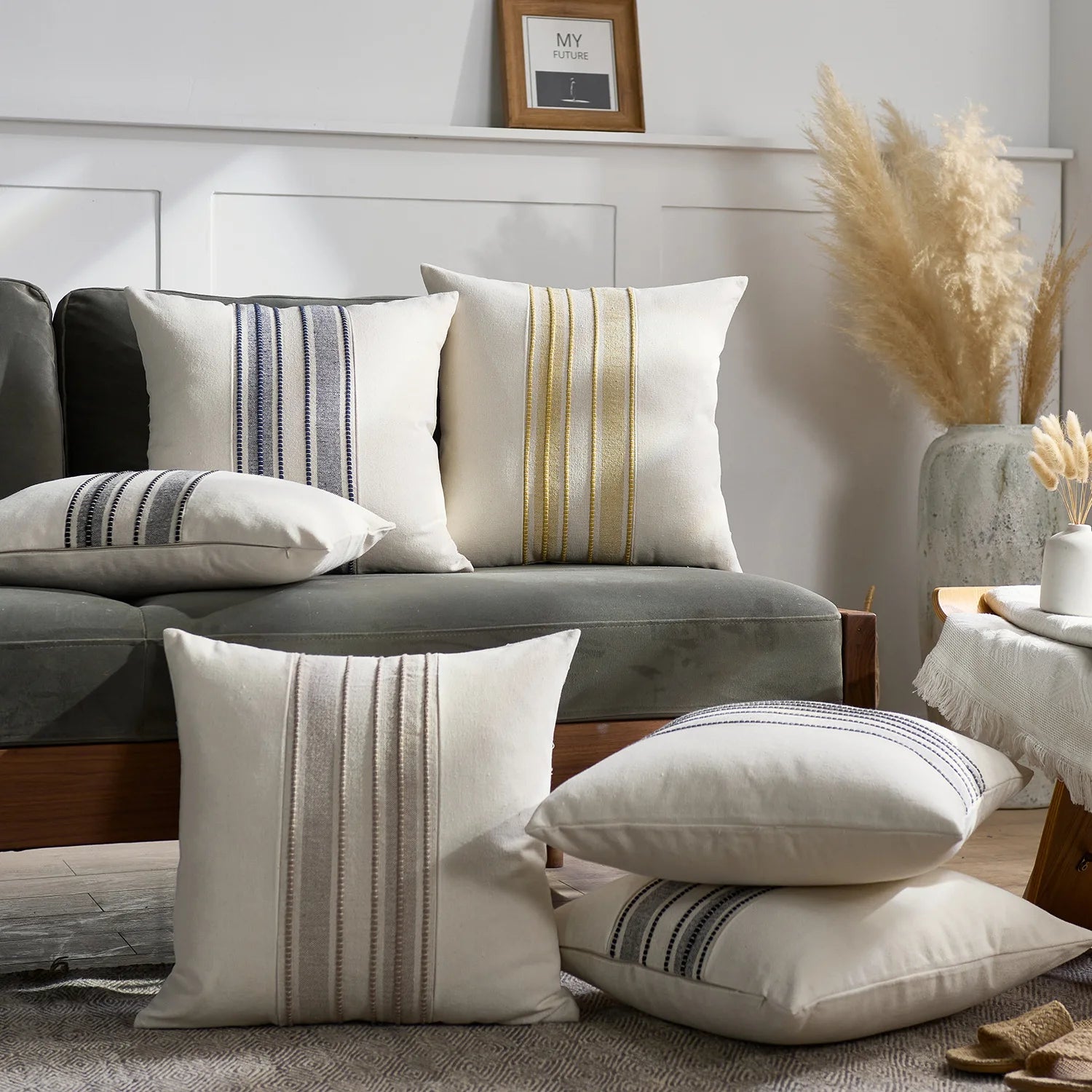 Simple Stripe Linen Cushion Cover, Beige, Yellow, Blue, Grey, Patchwork, Sofa, Couch, Bed, Living Room, 45x45cm, 30x50cm