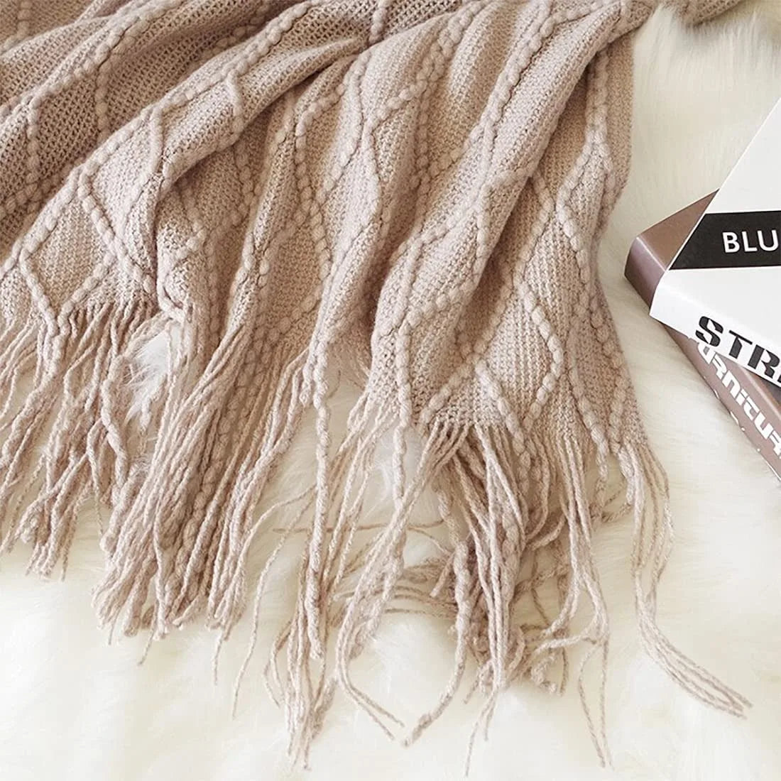 Nordic Knitted Throw Blankets with Tassels Khaki Cream Grey Vintage Blankets Luxury Bed Sofa Couch Oversized Bedspread Cover