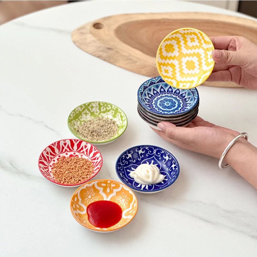 6/10 Pieces of Ceramic Condiment Dishes, Bohemian Plates, Sauce Dishes, Household Soy Sauce Vinegar Spice Dishes, Suitable for Home Kitchens, Restaurants, Sushi Bars, Parties, Hot Pot, Picnics, Camping, Barbecues, Cold