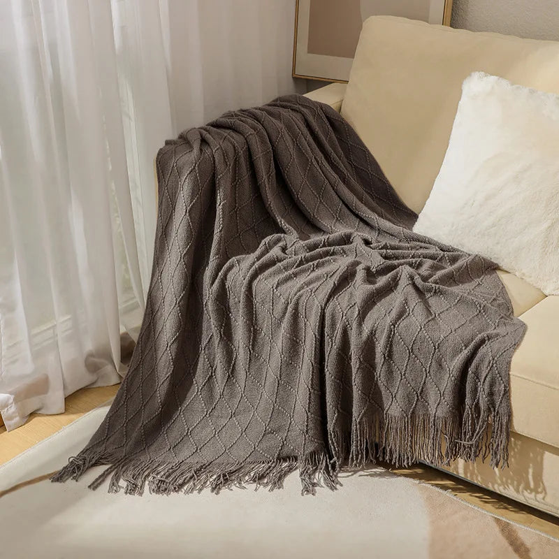 Nordic Knitted Throw Blankets with Tassels Khaki Cream Grey Vintage Blankets Luxury Bed Sofa Couch Oversized Bedspread Cover