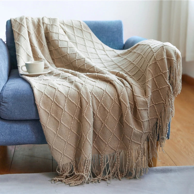 Nordic Knitted Throw Blankets with Tassels Khaki Cream Grey Vintage Blankets Luxury Bed Sofa Couch Oversized Bedspread Cover