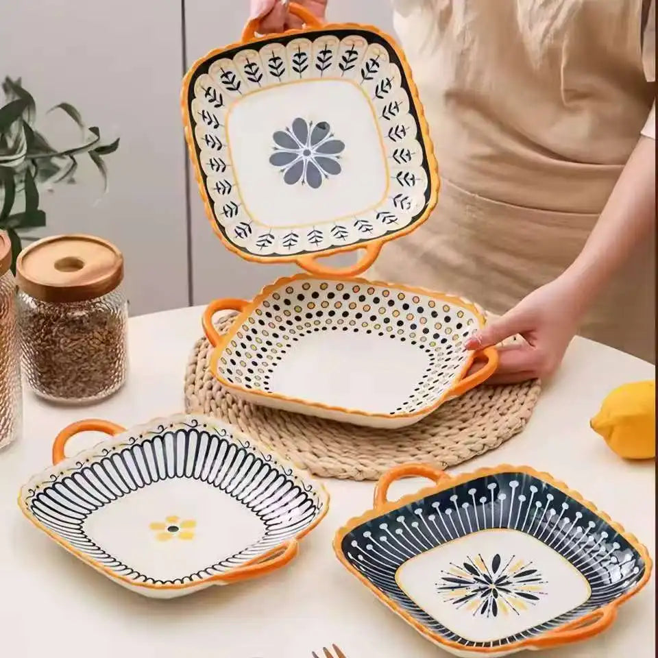 4 pcs ceramic 8-inch discs, Japanese dining table serving plates, relief craft salad pasta plates