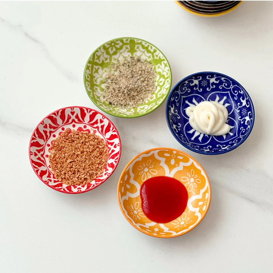6/10 Pieces of Ceramic Condiment Dishes, Bohemian Plates, Sauce Dishes, Household Soy Sauce Vinegar Spice Dishes, Suitable for Home Kitchens, Restaurants, Sushi Bars, Parties, Hot Pot, Picnics, Camping, Barbecues, Cold