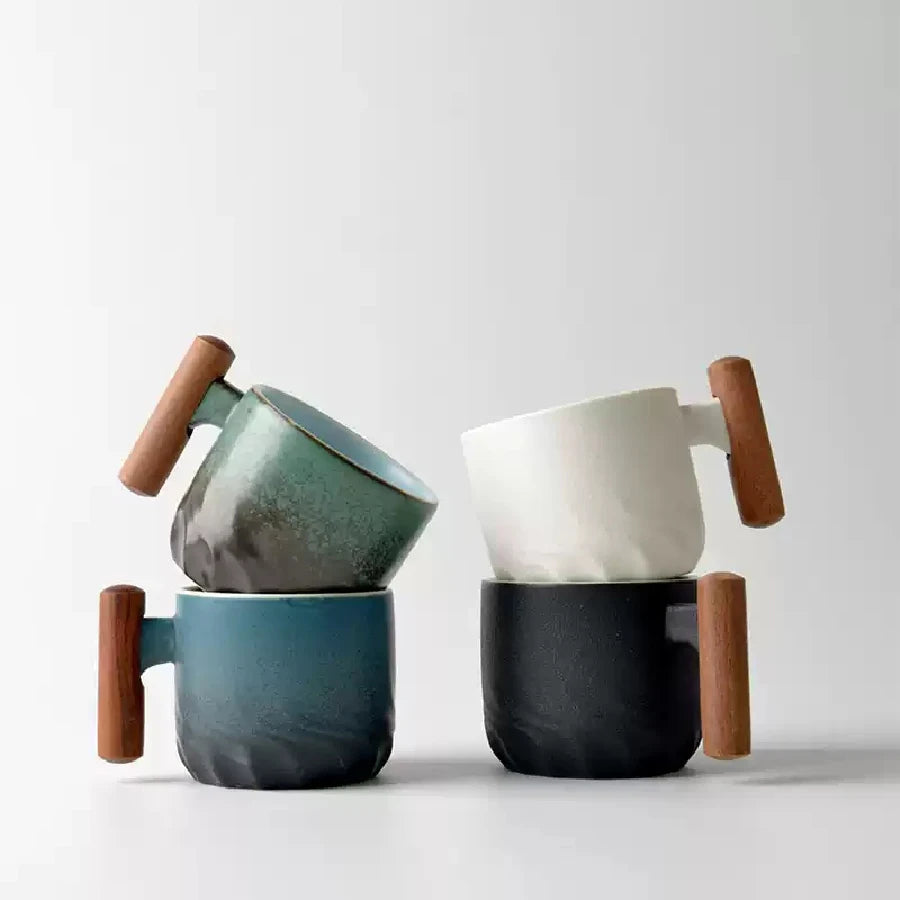 Ceramic retro coffee cup, office water cup, tea cup, wooden handle coffee cup, handmade tea coffee cup, birthday gift