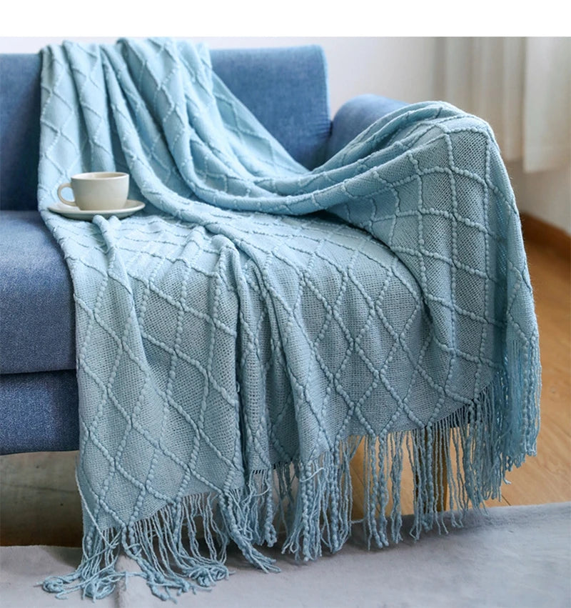 Nordic Knitted Throw Blankets with Tassels Khaki Cream Grey Vintage Blankets Luxury Bed Sofa Couch Oversized Bedspread Cover