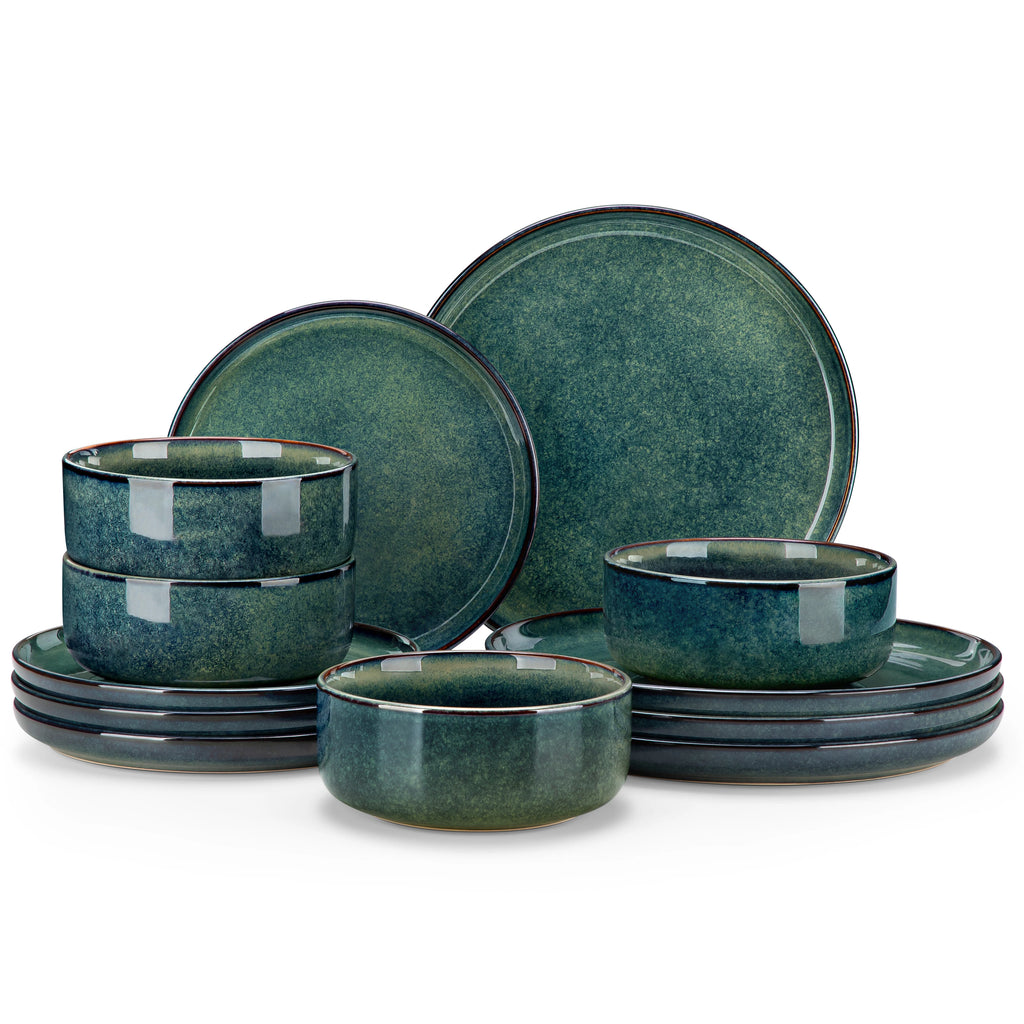 vancasso 12/18 Piece Green Reactive Glaze Dinnerware Set Scratch Resistant Stoneware Set with 4/6pcs Dinner plate/Dessert/Bowl