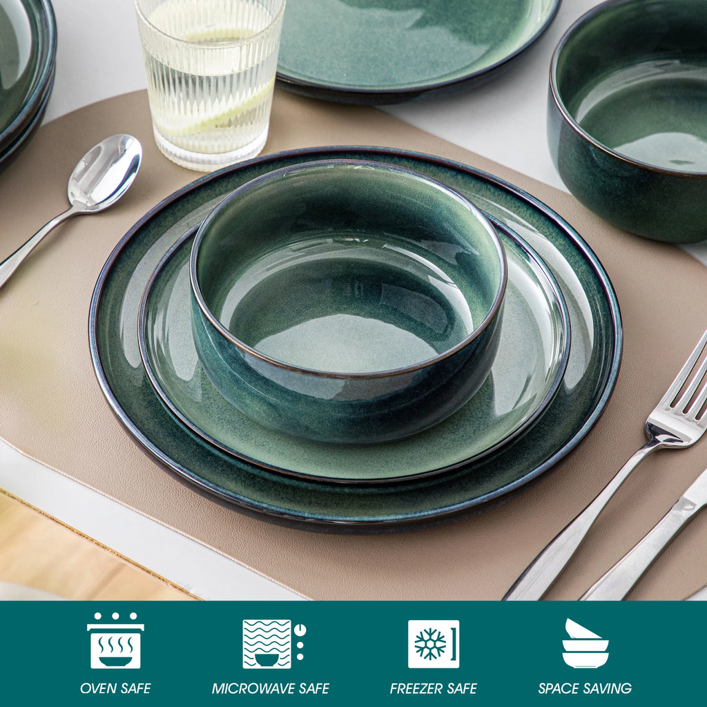 vancasso 12/18 Piece Green Reactive Glaze Dinnerware Set Scratch Resistant Stoneware Set with 4/6pcs Dinner plate/Dessert/Bowl