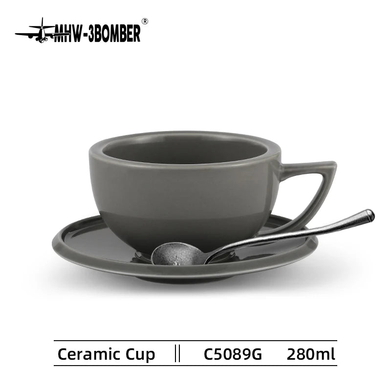 MHW-3BOMBER 280ml Ceramic Coffee Cup with Saucer & Spoon Set Art Latte Espresso Mug for Tea Cappuccino Home Kitchen Accessories