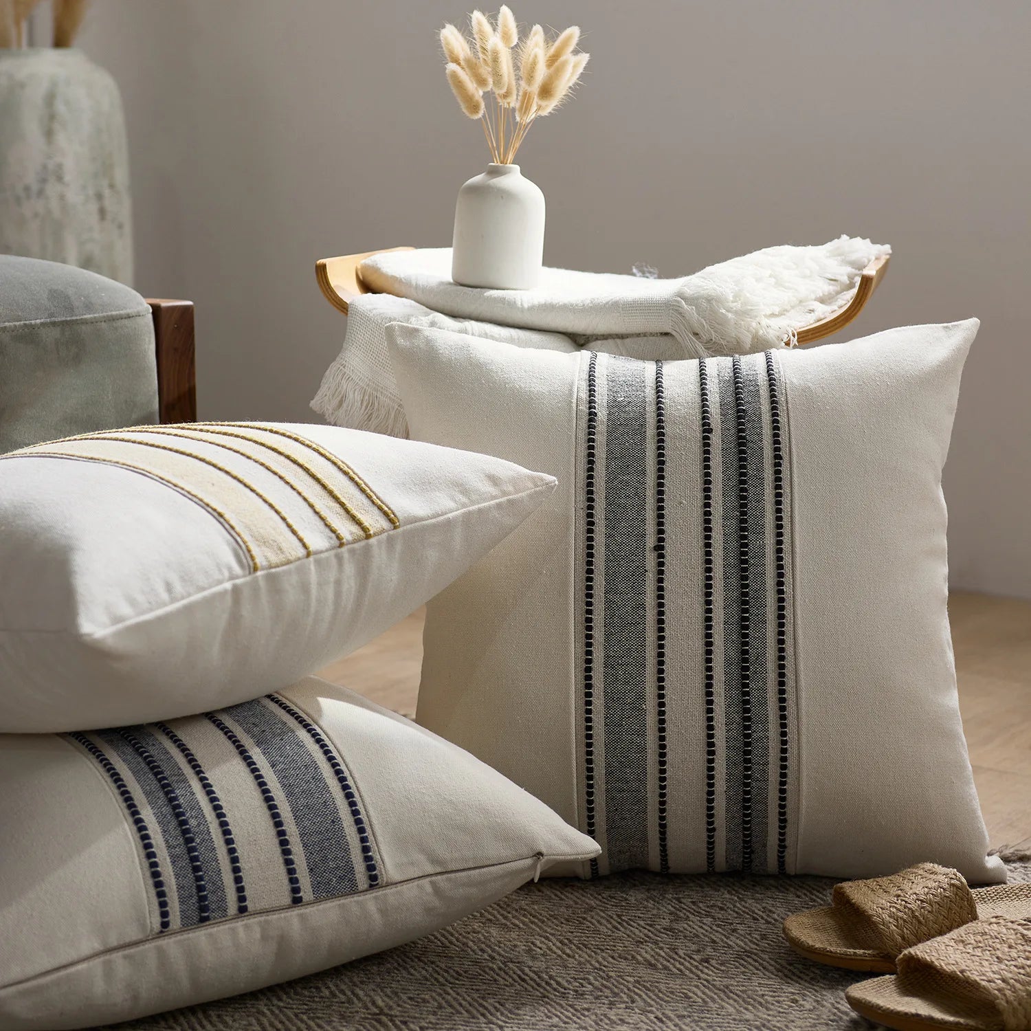 Simple Stripe Linen Cushion Cover, Beige, Yellow, Blue, Grey, Patchwork, Sofa, Couch, Bed, Living Room, 45x45cm, 30x50cm