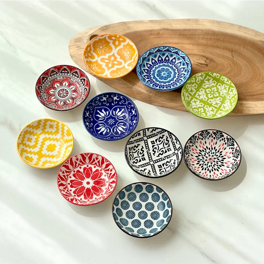 6/10 Pieces of Ceramic Condiment Dishes, Bohemian Plates, Sauce Dishes, Household Soy Sauce Vinegar Spice Dishes, Suitable for Home Kitchens, Restaurants, Sushi Bars, Parties, Hot Pot, Picnics, Camping, Barbecues, Cold