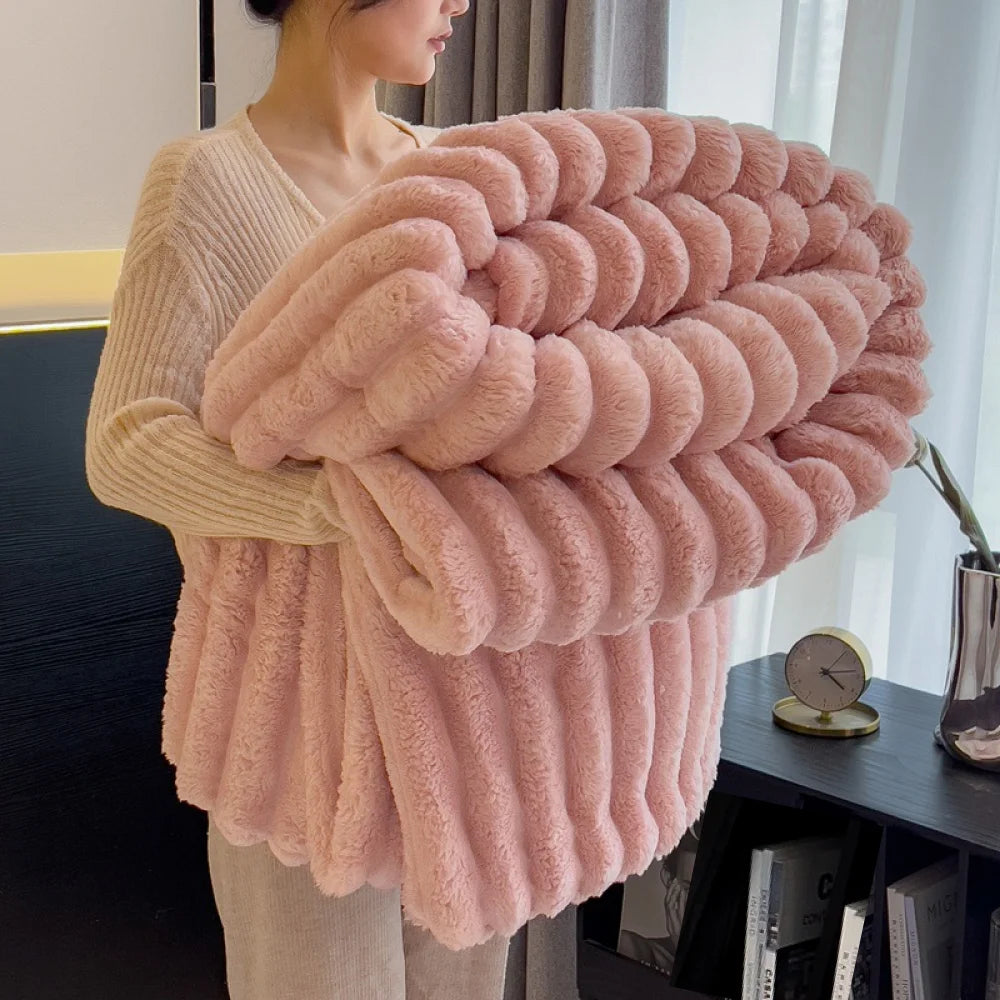 1pc Throw Blanket for Bed - 250GSM Soft & Warm Fluffy Blanket, Decorative Striped Blankets for Winter  Nap / Sleep