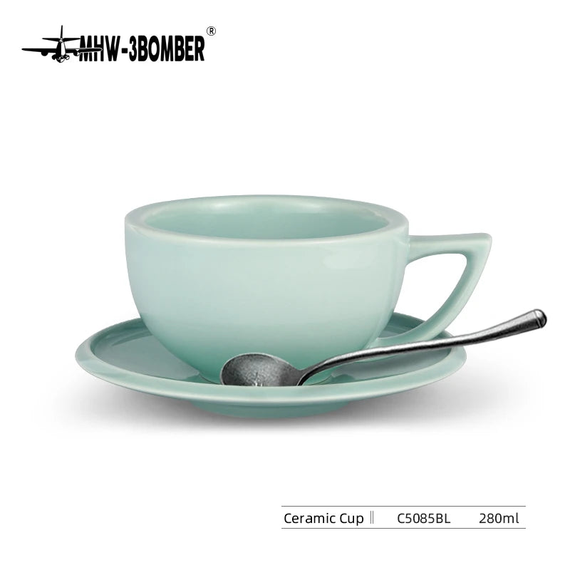 MHW-3BOMBER 280ml Ceramic Coffee Cup with Saucer & Spoon Set Art Latte Espresso Mug for Tea Cappuccino Home Kitchen Accessories