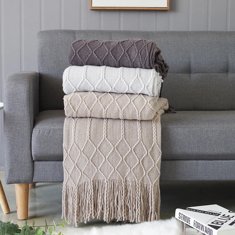 Nordic Knitted Throw Blankets with Tassels Khaki Cream Grey Vintage Blankets Luxury Bed Sofa Couch Oversized Bedspread Cover