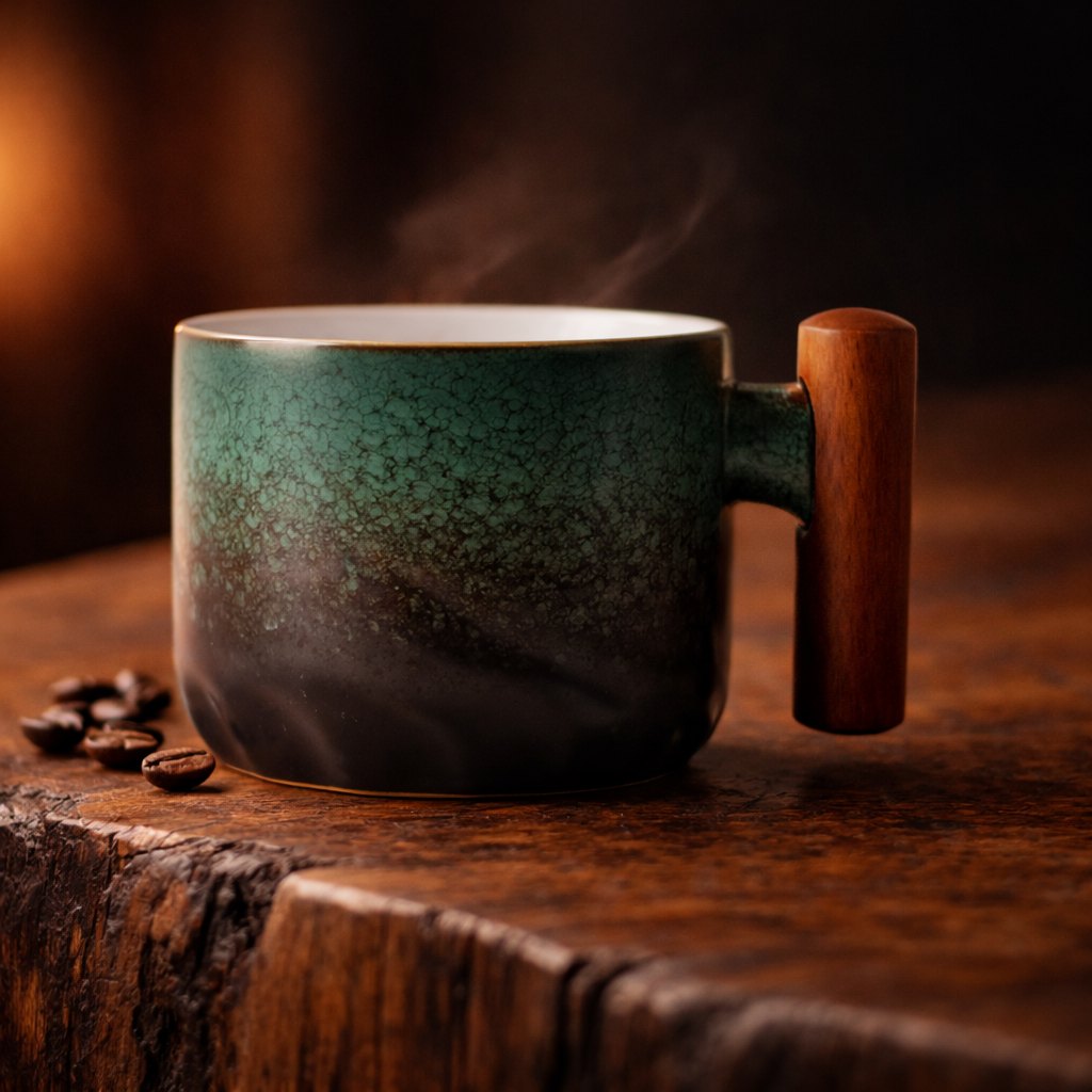 Ceramic retro coffee cup, office water cup, tea cup, wooden handle coffee cup, handmade tea coffee cup, birthday gift