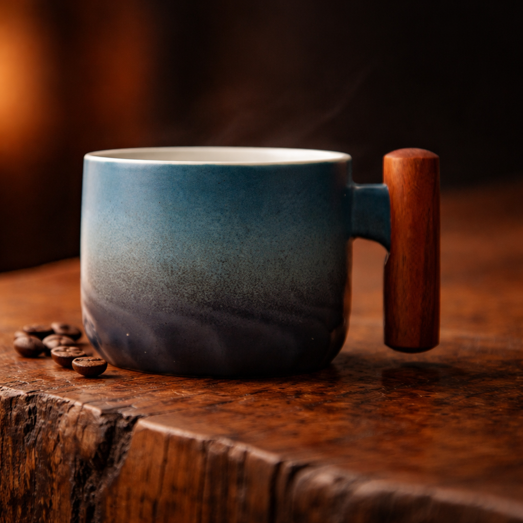 Ceramic retro coffee cup, office water cup, tea cup, wooden handle coffee cup, handmade tea coffee cup, birthday gift