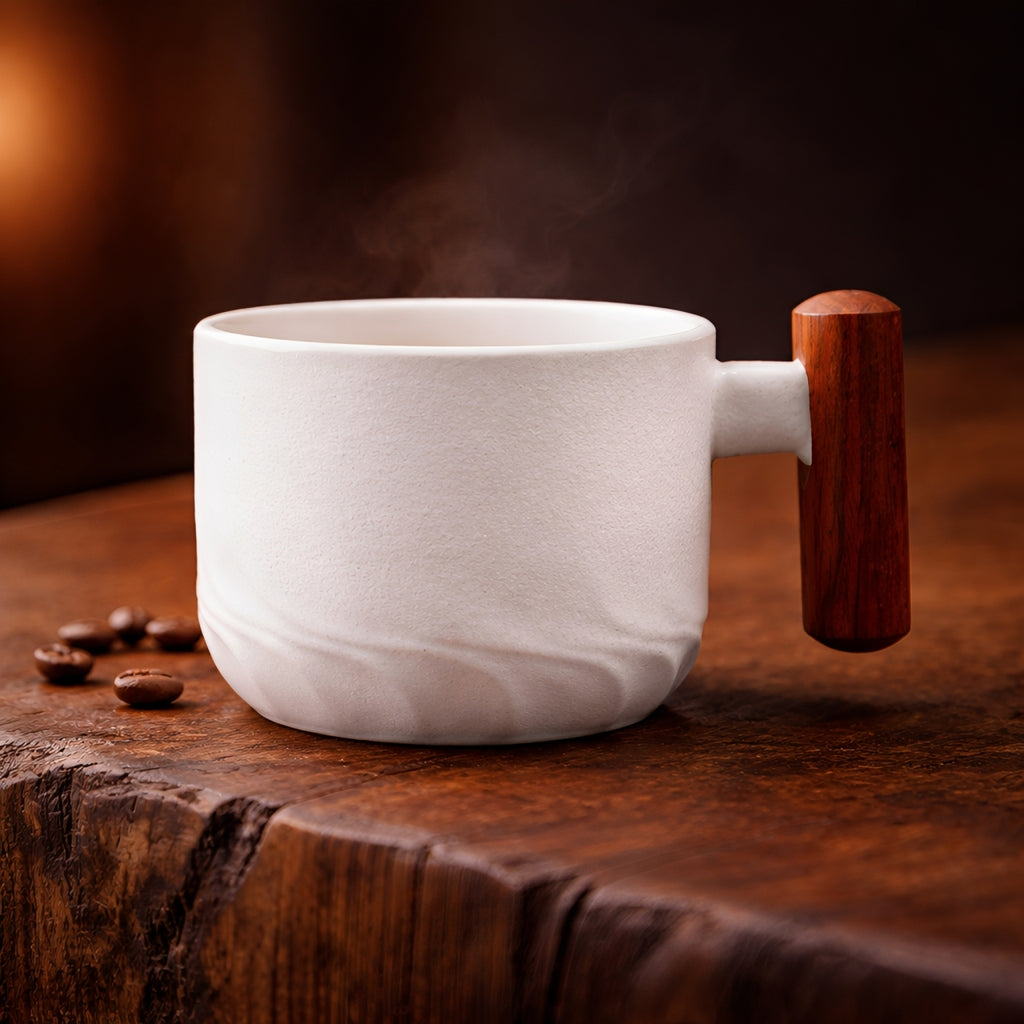 Ceramic retro coffee cup, office water cup, tea cup, wooden handle coffee cup, handmade tea coffee cup, birthday gift